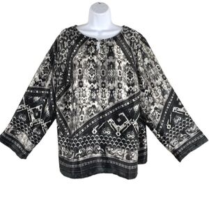 Susan Graver Black Ikaat Tribal Print W Rhinestone Clasp Tunic Women's 1X